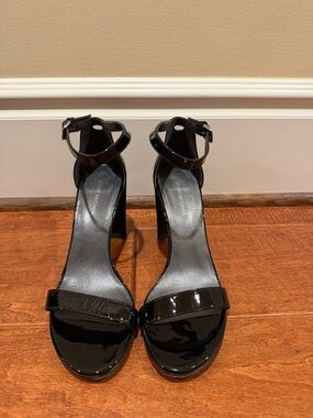 Stuart Weitzman Black Patent Ankle-Strap Block Heels